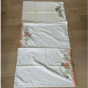 (3) Vintage Hand Embroidered Pillowcase Set Bird Floral Rose Crochet Trim White